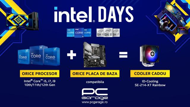 <b>Cumpără un combo cu procesor Intel + placă de bază compatibilă de la PC Garage și ai cadou un cooler (în perioada 23 mai - 5 iunie)</b>La început de săptămână se numără ofertele, iar la PC Garage avem o ofertă greu de refuzat. În perioada 23 mai - 5 iunie se desfășoară campania Intel Days, astfel că dacă în acest interval vei achiziționa un combo cu procesor Intel