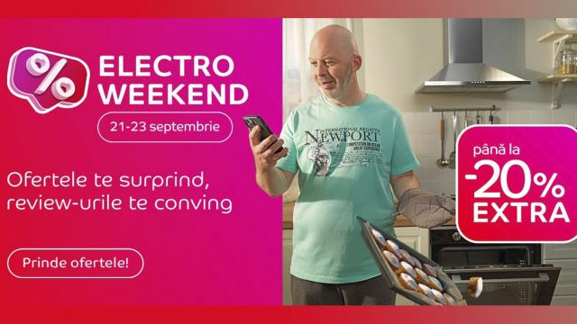 <b>Electro Weekend la eMAG - Galaxy S24 Ultra spre 4000 lei, smart TV OLED Philips Ambilight sub 3900 lei, gadget-uri utile la ofertă (21-23 septembrie)</b>După câteva săptămâni de pauză, iată că sfârșitul acestei săptămâni ne aduce o nouă rundă de oferte marca Electro Weekend by eMAG. Campania are loc în perioada 21-23 septembrie și include smartphone-uri, smartwatch-uri, smart TV-uri, electrocasnice mari