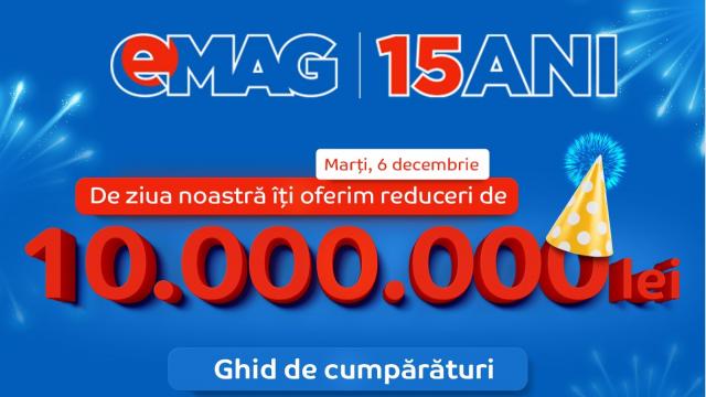 <b>eMAG.ro împlineşte 15 ani pe 6 decembrie şi va aduce reduceri aniversare şi carduri cadou</b>Acum că s-a terminat cu Black Friday şi reducerile de 1 decembrie, e momentul festiv pentru eMAG.ro, retailerul împlinind 15 ani de existenţă pe 6 decembrie. Fix marţi, de Moş Nicolae eMAG.ro oferă reduceri speciale aniversare, în valoare de 10.000.000..