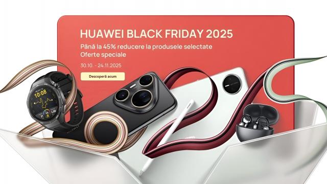 <b>Black Friday 2025 de azi la Huawei Store! Reduceri mari la ceasuri, tablete și telefoane + vouchere de până la 1000 lei</b>Huawei a dat oficial startul campaniei sale de Black Friday 2025. Reducerile sunt disponibile pe huaweistore.ro în această perioadă, acolo unde produse premium din portofoliul companiei au parte de până la 45% discount. Perioada promoțională