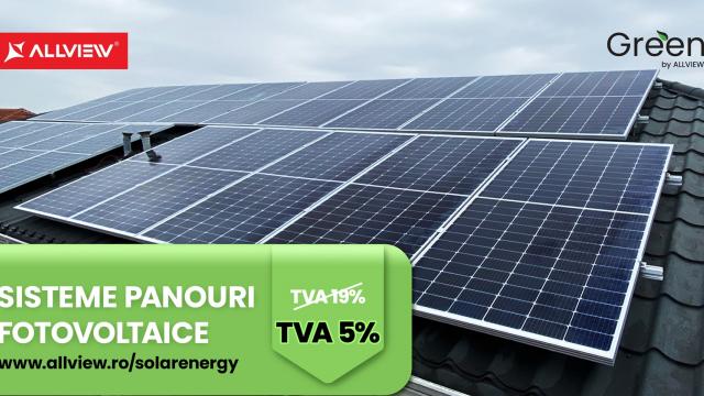 <b>TVA redus la 5% pentru sistemele fotovoltaice Allview Solar Energy; Clienții au parte de reduceri între 5 și 15% pentru panourile solare în luna ianuarie</b>Visual Fan a anunțat modificarea prețurilor pentru sistemele fotovoltaice din portofoliu, conform noii legi intrate în vigoare pe 16 ianuarie 2023. Astfel, TVA-ul pentru panourile solare e redus de la 19% la 5%. În plus, aflăm azi prin intermediul unui co