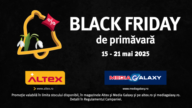 <b>Cu gândul la Black Friday? Ediția de primăvară a campaniei de reduceri are loc la Altex în perioada 15-21 mai</b>Dacă vă era dor de Black Friday, iată că ALTEX vă îndeplinește dorința și vine cu o campanie "Black Friday de Primăvară" cu startul programat pentru data de 15 mai, de la ora 7:00 în aplicație și de la ora 9:00 pe site-urile Altex 