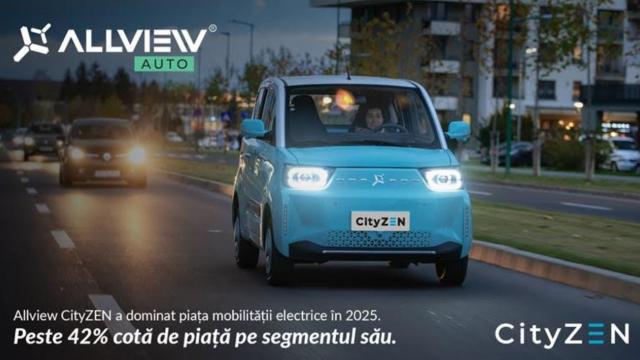 <b>Allview CityZEN prinde o cotă de piaţă spectaculoasă, sare de 50% la final de an 2025</b>Allview CityZEN, maşinuţa pe care cu siguranţă aţi văzut-o pe străzile oraşelor de la noi a obţinut rezultate spectaculoase în vânzări la final de an 2025. Astfel, micul vehicul 100% electric, care se poate conduce de la doar 16 ani 