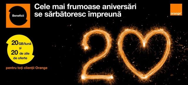 Aniversarea de 20 ani a operatorului Orange România aduce abonaților și utilizatorilor de cartele pre-plătite un bonus de 20 GB net/lună timp de 2 luni!