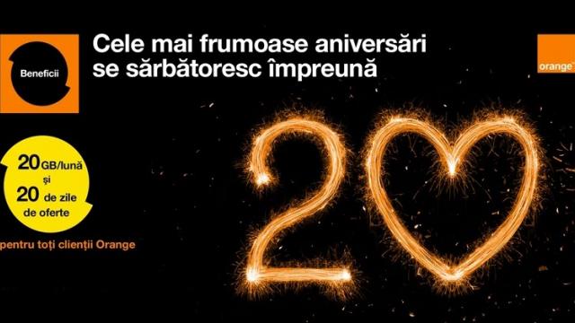 <b>Aniversarea de 20 ani a operatorului Orange România aduce abonaților și utilizatorilor de cartele pre-plătite un bonus de 20 GB net/lună timp de 2 luni!</b>Acum fix 2 decenii la data de 6 iunie lua înființare pe plan local și compania Orange România, operator care de-a lungul anilor a venit cu noi și noi servicii pentru clienții săi. Pentru a marca această aniversare, compania telecom oferă 