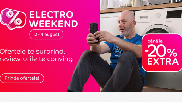 <b>Luna august începe cu eMAG Electro Weekend! Extra reduceri de până la 20% în perioada 2-4 august</b>Primele zile ale lunii august sunt însoțite de reduceri mari de la eMAG, fiind momentul pentru o nouă rundă Electro Weekend. Aceasta se desfășoară în perioada 2-4 august, zile în care ne bucurăm de extra reduceri de până la 20%
