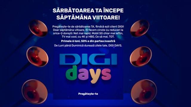 <b>Campania DIGI Days începe luni pe 11 octombrie și îți aduce 50% reducere în primele 6 luni de abonament la internet, TV sau telefonie</b>După ce anterior anunța lansarea celui mari rapid internet din România cu viteze de până la 10 Gbps, astăzi DIGI dă startul campaniei de teasing pentru o nouă campanie promoțională care va începe peste doar 2 zile