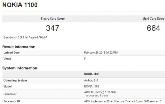 Nokia 1100, un nou telefon cu Android la bord şi procesor quad core îşi face apariţia în GeekBench 3