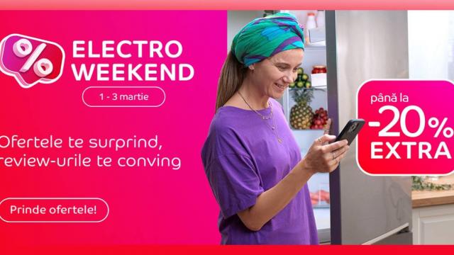 <b>Electro Weekend la eMAG în perioada 1-3 martie! Smart TV-uri, smartphone-uri, electrocasnice mari și mici cu până la 20% extra-discount</b>Sfârșitul acestei săptămâni ne aduce o nouă rundă de oferte marca Electro Weekend by eMAG. Sunt reduceri extra de până la 20% la o gamă variată de produse: smartphone-uri, televizoare LG, Samsung, Sony, TCL, dar și electrocasnice mari și mici