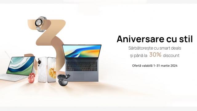 <b>Peste 500 lei reducere la laptopuri HUAWEI şi oferte cu 30% reducere la aniversarea de 3 ani HUAWEI Store; Avem un cod special pentru voi!</b>Începând de azi HUAWEI e în plină aniversare în România, deoarece magazinul său online, HUAWEI Store sărbătoreşte 3 ani de existenţă. Evident, se lasă cu reduceri aniversare şi nu la 1-2-3 produse, ci la zeci. De la laptopuri la tablete