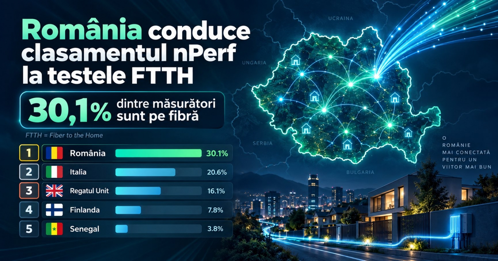 România conduce clasamentul nPerf la testele FTTH: 30.1% dintre măsurători sunt pe fibră
