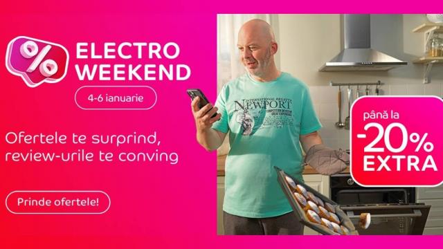 <b>Electro Weekend la eMAG în perioada 4-6 ianuarie 2025: Smartphone-uri, tablete, gadget-uri,  electrocasnice mari și mici cu până la 20% reducere</b>Iată că prima săptămână din acest an vine și cu prima campanie „Electro Weekend” organizată de către eMAG. Runda se desfășoară în perioada 4-6 ianuarie, iar televizoarele, smartphone-urile, gadget-urile, electrocasnicele mari și mici au parte de până