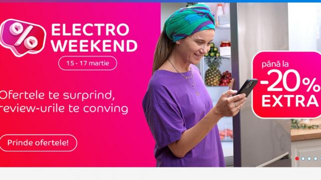 <b>Este din nou Electro Weekend la eMAG! Reduceri extra de până la 20% în perioada 15-17 martie</b>În intervalul 15-17 martie 2025, eMAG desfășoară o nouă ediție a campaniei Electro Weekend, aducând reduceri atractive la o selecție variată de produse electronice și electrocasnice. Conceptul rămâne neschimbat: pentru fiecare