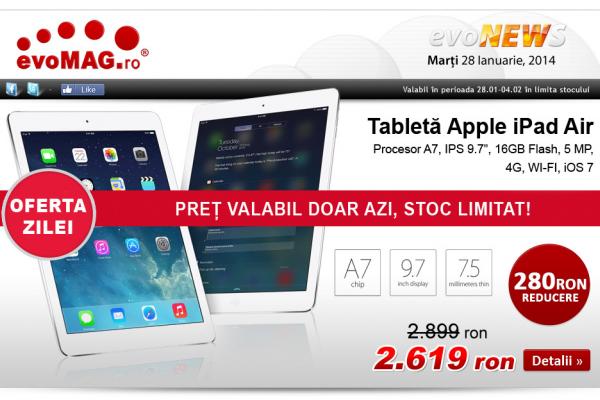 Cod roșu la reducerile evoMAG.ro: iPad Air la 2.619 lei doar azi!