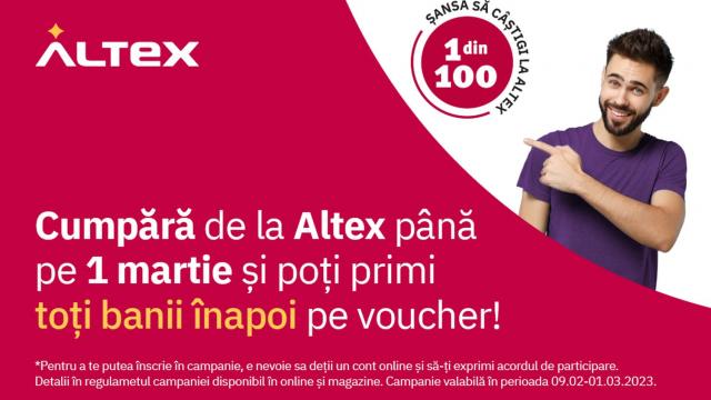 <b>Altex le oferă clienţilor toţi banii înapoi pe vouchere pentru cumpărăturile din campania "1 din 100 cumpărături este câştigător"</b>Altex, unul dintre cei mai cunoscuți şi apreciaţi retaileri din zona electro-IT în România a pornit campania "1 din 100 cumpărători este câştigător", iar prin intermediul său clienţii vor avea 1 şansa din 100 de a obţine toţi banii înapoi pe vouchere