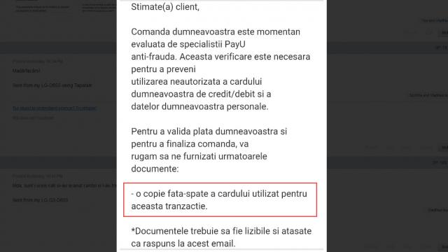 <b>Posibil caz de phising ce implică eMAG și PayU</b>Un caz ciudat de presupusa tentativa de phishing ne-a fost semnalat de un cititor pe Forum! Totul a început să devină bizar după realizarea unei comenzi la eMAG.ro prin aplicaţia Android. Încă nu e clar dacă e vorba de tentativă de phishing sau campanie d