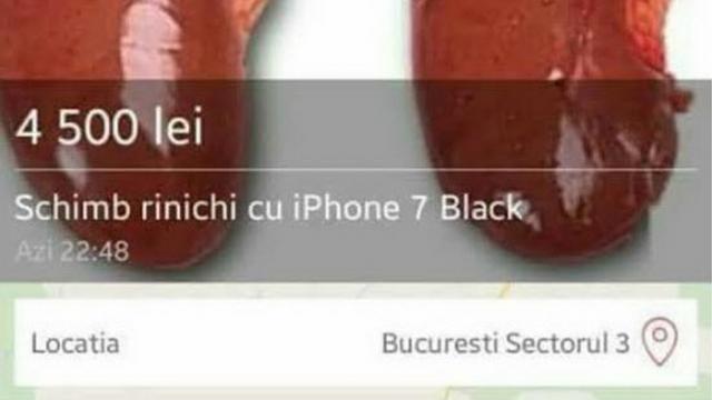 <b>"Rinichi pentru iPhone 7" sau ce mai vinde românul pe OLX</b>În ceea ce pare a fi cel mai probabil o farsă (sperăm să fie o farsă, altfel e mega bubă), cineva a postat pe OLX.ro o ofertă în valoare de 4500 lei pentru un iPhone 7 Black. Ce dădea la schimb? Un rinichi…