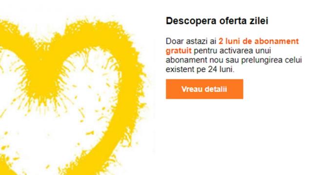 <b>Doar astăzi la activarea sau prelungirea unui abonament Orange pe 2 ani se oferă 2 luni de abonament gratuit!</b>Operatorul Orange România vine astăzi în întâmpinarea noastră cu o nouă ofertă din campania aniversară, ofertă ce presupune oferirea a 2 luni de abonament gratuit pentru acele persoane care decid să prelungească sau să încheie un nou contract pe 