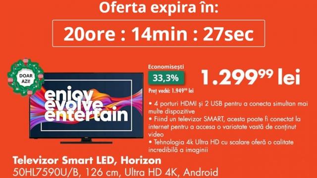 <b>OCAZIA ZILEI pe FLANCO: Smart TV LED, Horizon 50HL7590U/B, diagonală 126 cm, Ultra HD 4K la doar 1299 lei!</b>A venit Moșul? Poate vă doreați și un televizor care nu a avut loc sub brad. Flanco continuă cu reducerile și în ziua de Crăciun. Ne propune un Smart TV cu Android, diagonală mare și rezoluție Ultra HD pentru toate serialele, filmele și jocurile din