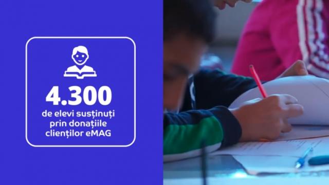 <b>Donaţiile clienţilor eMAG au oferit o şansă la educaţie pentru 4300 de elevi</b>Clienţii eMAG au donat în ultimii ani pentru ca elevii să poată merge la şcoală şi să aibă toate echipamentele necesare. Prin donaţiile clienţilor acestui retailer peste 4300 de elevi au participat la peste 80.000 de ore de educaţie remedială