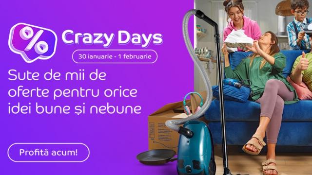 <b>eMAG dă startul reducerilor Crazy Days în perioada 30 ianuarie - 1 februarie! Iată ce oferte speciale aduce retailerul</b>Finalul lunii ianuarie vine cu reduceri din partea celor de la eMAG, sub forma unei noi ediții din campania Crazy Days. Promoția are loc în perioada 30 ianuarie - 1 februarie, iar așa cum ne-a obișnuit retailerul, avem discount-uri la multe 