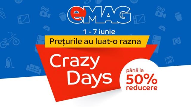 <b>Încă o promoție marca eMAG debutează astăzi; Crazy Days are loc în perioada 1 - 7 iunie</b>Începutul lunii iunie ne aduce și o campanie de reduceri marca eMAG intitulată Crazy Days. Ni se promit reduceri de până la 50% și după cum știm deja din experiențele anterioare, aceste discount-uri sunt aplicate asupra unui așa zis preț normal pe care 