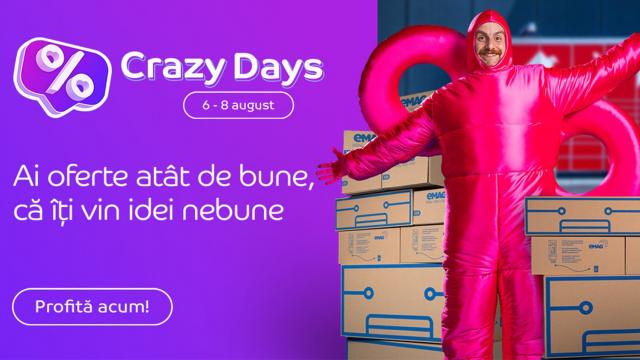 <b>Ofertele Crazy Days by eMAG sunt aici în perioada 6-8 august; Campania ce îți aduce reduceri pentru toate produsele favorite</b>eMAG nu se oprește din a livra reduceri, iar de astăzi retailerul a dat startul campaniei Crazy Days, ce ne aduce reduceri la mii de produse. Putem să ne alegem preferatele și să le achiziționăm în perioada 6-8 august 2024. Sunt incluse o mulțime