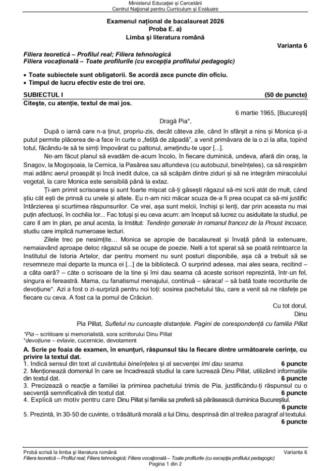 Subiectele la limba română de la Bacalaureat 2026 (galerie)