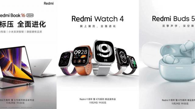 <b>Xiaomi anunță lansarea noii generații Redmi: laptop, ceas și căști audio; Redmi Book 16, Watch 4 și Buds 5 Pro intră în scenă pe 29 noiembrie</b>Într-o mișcare destul de interesantă, Xiaomi se pregătește să lanseze noi produse Redmi pe 29 noiembrie în China. Evenimentul, programat pentru ora 19:00, va fi marcat de prezentarea noilor smartphone-uri Redmi K70, K70E și K70 Pro. Totuși, aceste dispozi
