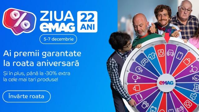 <b>De Ziua eMAG câștigi vouchere garantate pentru extra reduceri și ai oferte speciale în perioada 5-7 decembrie </b>Cei de la eMAG își aniversează în decembrie 22 de ani de activitate și face cinste tuturor clienților săi cu extra reduceri de până la 30% și desigur, cu promoții. Campania se desfășoară în perioada 5-7 decembrie și introduce un concurs 