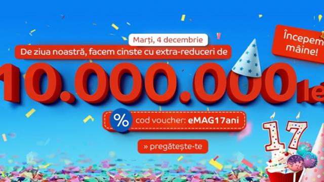 <b>eMAG va oferi mâine reduceri în valoare totală de 10.000.000 lei! Aniversează 17 ani de activitate</b>După promoții de Black Friday și 1 Decembrie, iată că vine și momentul unor reduceri aniversare marca eMAG. Celebrul retailer de pe plan local marchează mâine aniversarea de 17 ani, oferind cu această ocazie reduceri în valoare totală