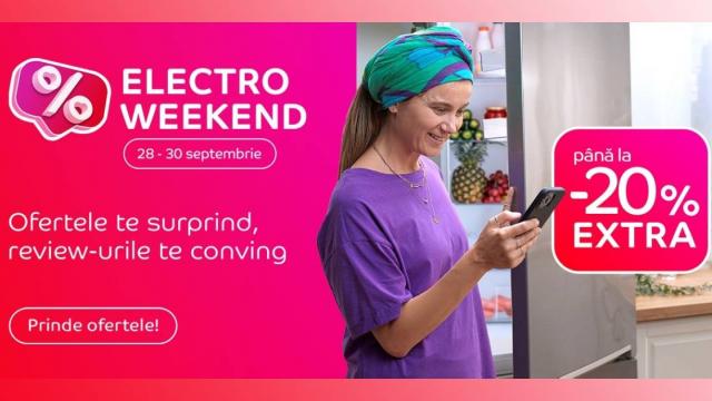 <b>Oferte Electro Weekend by eMAG în perioada 28-30 septembrie: Smart TV-uri, telefoane, gadget-uri și electrocasnice cu până la 20% extra-discount; Ce avem în ofertă?</b>Iată că weekend-ul 28-30 septembrie ne rezervă oferte noi marca Electro Weekend by eMAG. Dacă erai în căutarea unui smart TV, a unul smartphone sau de electrocasnice noi pentru bucătărie, până luni la miezul nopții poți comanda produsele preferate cu extr