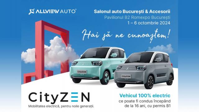 <b>Allview Auto la Salonul Auto București în perioada 1-6 octombrie: Mașina electrică CityZEN, ce poate fi condusă de la 16 ani, are parte de o ofertă specială</b>Allview Auto este divizia de mobilitate electrică a grupului Visual Fan. Prima mașină electrică a brandului a fost deja prezentată spre finalul anului trecut. Vorbim despre CityZEN, model ce poate fi condus începând cu vârsta de 16 ani, ce a atins deja ob