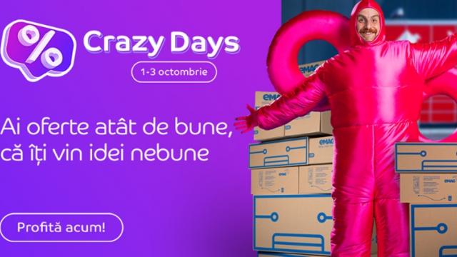 <b>Crazy Days la eMAG: Trei zile de reduceri surpriză! Iată ce poți cumpăra între 1-3 octombrie</b>Prima zi a lunii octombrie înseamnă și startul facultății, dar pentru eMAG înseamnă startul unei noi campanii promoționale. Sub deviza Crazy Days avem parte de 3 zile de oferte speciale (1-3 octombrie), iar ca de fiecare dată discount-urile 