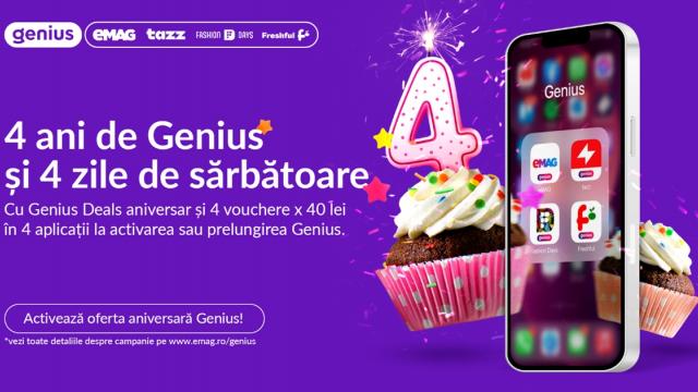 <b>Genius face cinste la aniversare: 160 lei în vouchere pentru un abonament anual de 99 lei</b>Între 19 și 22 iunie 2024, Genius sărbătorește patru ani de activitate cu o ofertă specială pentru clienți. Cei care își fac un abonament anual de 99 lei sau prelungesc abonamentul actual cu încă un an primesc patru vouchere în valoare totală de 160 lei, 