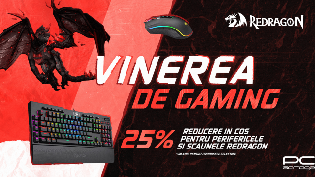 <b>Vinerea de Gaming la PC Garage: Azi 25% extra-discount la toate perifericele și scaunele de gaming Redragon!</b>Azi e vineri 13 și unii ar spune că e zi „cu ghinion”, dar nu și dacă ești gamer, pentru că ai 25% extra-discount la o mulțime de periferice pe PC Garage. Retailerul organizează deja de câteva săptămâni campania „Vinerea de Gaming”, iar azi au intrat
