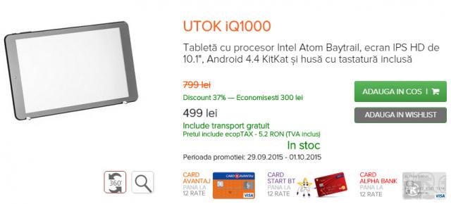 Tableta UTOK iQ1000 costă doar 499 lei timp de 48 ore; vine cu display HD de 10.1 inch și procesor Intel Atom