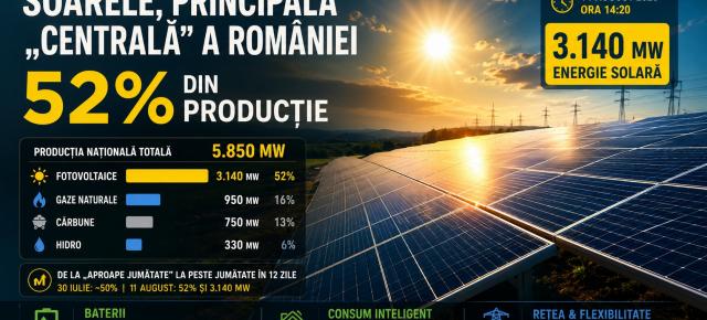 Soarele a devenit pentru câteva ore principala „centrală” a României: 52% din producție a venit din fotovoltaice