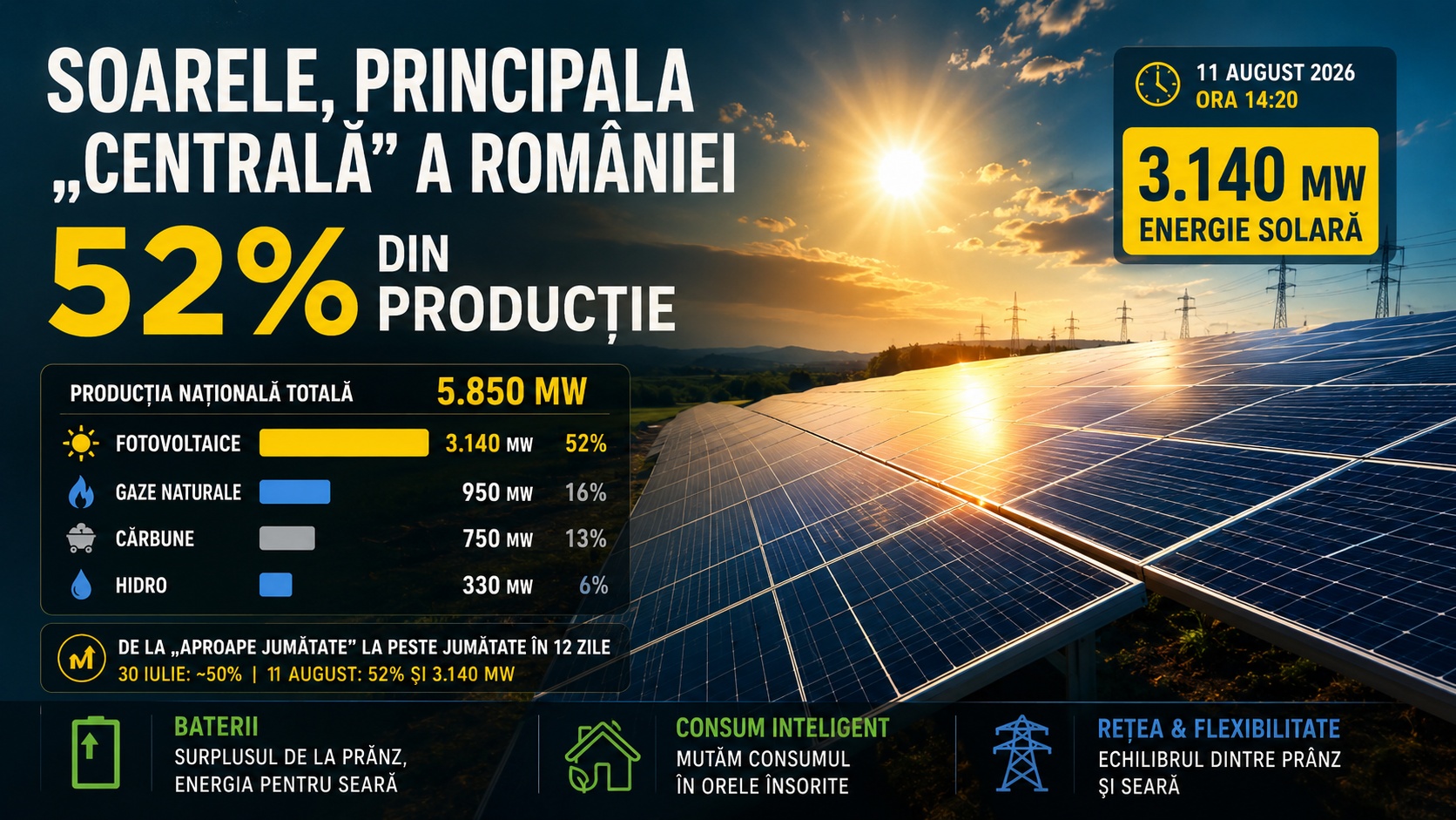 Soarele a devenit pentru câteva ore principala „centrală” a României: 52% din producție a venit din fotovoltaice