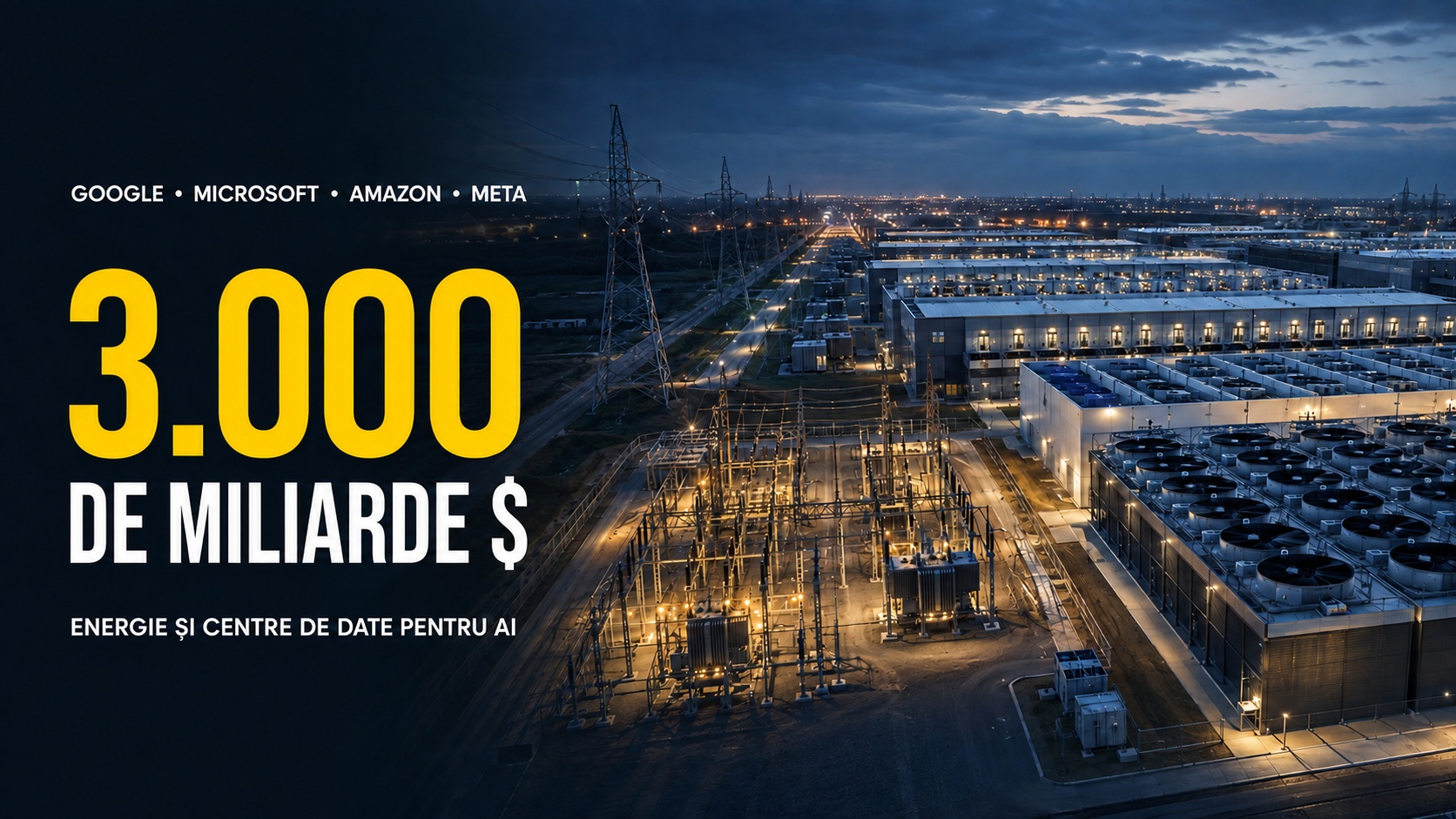 Google, Microsoft, Amazon și Meta își asigură de pe acum energia și centrele de date – nota de plată pentru AI urcă la 3.000 de miliarde de dolari