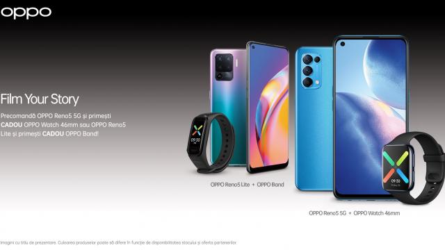 <b>Precomenzi record pentru Oppo Reno5 5G și Reno5 Lite în România, telefoane ce vin cu smartwatch sau smartband cadou la achiziție</b>Din data de 26 martie avem disponibile pe plan local în regim de precomandă și telefoanele Oppo Reno5 5G, respectiv Reno5 Lite - modele care au atras atenția publicului prin intermediul dotărilor și ofertei speciale