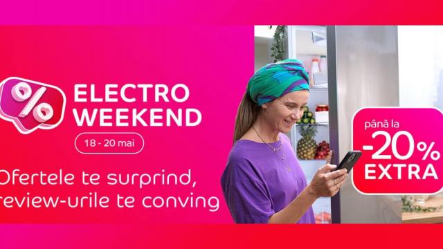 <b>Ofertele ne surprind pe final de săptămână! Electro Weekend revine în perioada 18-20 mai cu extra reduceri de până la 20% pentru gadget-urile dorite</b>Ocazional eMAG organizează o campanie intitulată „Electro Weekend”. Finalul acestei săptămâni ne aduce o astfel de rundă cu oferte din partea retailerului, astfel că până pe 20 mai, la ora 00:00, avem parte pe site de reduceri extra de până la 20%