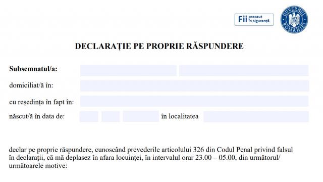 <b>Iată modelul declaraţiei pe proprie răspundere, de care aveţi nevoie de luni 9 noiembrie pentru a ieşi noaptea legal din casă</b>După cum aţi aflat probabil pe parcursul săptămânii, a fost instituita un soi de Stare de Urgenţă Parţială, pe fondul creşterii numărului de cazuri de Covid-19. Pentru a vă simplifica înţelegerea noilor reguli şi conceptul de a ieşi după ora 23:00, avem..