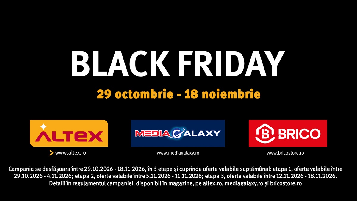 Black Friday Altex începe pe 29 octombrie la ora 07:00; trei săptămâni de reduceri la Altex, Media Galaxy și BRICO