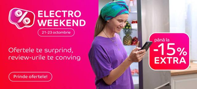 Electro Weekend în perioada 21-23 octombrie la eMAG: Smartphone-uri, laptopuri, smart TV-uri și electrocasnice cu până la 15% extra-discount