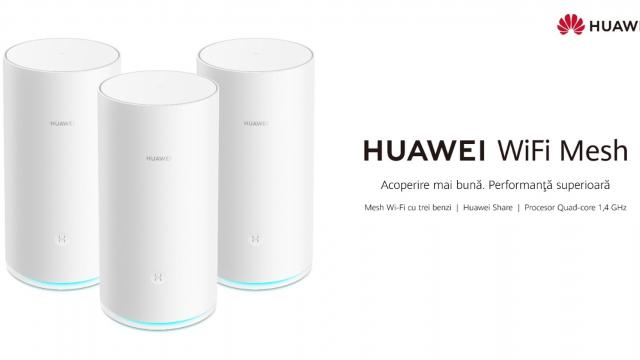 <b>Huawei a lansat sistemul WiFi Mesh care oferă conexiuni rapide, stabile și o rază de acțiune extinsă</b>Huawei a anunțat astăzi prin intermediul unui comunicat de presă lansarea sistemului WiFi cu trei benzi - Huawei WiFi Mesh, pe plan local. Fiecare dispozitiv din rețea vine echipat cu funcția Huawei Share, iar conexiunea poate fi configurată rapid