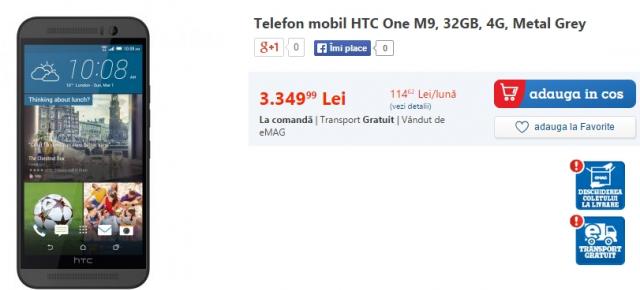 HTC One M9 disponibil și la eMAG pentru un preț de 3.349 lei