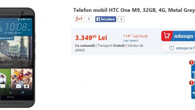 <b>HTC One M9 disponibil și la eMAG pentru un preț de 3.349 lei</b>După ce ieri magazinele online și operatorii locali afișau noul HTC One M9 &icirc;n stoc, iată că acum și eMAG listează la comandă flagship-ul taiwanez pe 2015. Acest retailer vinde smartphone-ul pe argintiu sau gri &icirc;nchis la un preț de...