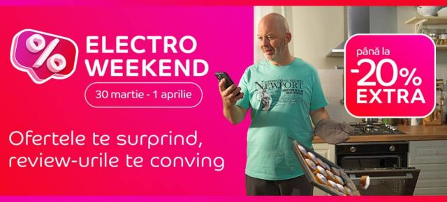 Electro Weekend la eMAG în perioada 30 martie - 1 aprilie; Extra-discount de până la 20% la telefoane și tablete, televizoare, smartwatch-uri, electrocasnice mari și mici