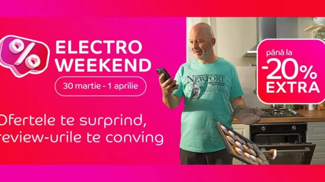 <b>Electro Weekend la eMAG în perioada 30 martie - 1 aprilie; Extra-discount de până la 20% la telefoane și tablete, televizoare, smartwatch-uri, electrocasnice mari și mici</b>Dacă e sâmbătă, începe o nouă rundă de oferta marca Electro Weekend by eMAG. De această dată campania aduce reduceri de până la 20% la telefoane, tablete și smartwatch-uri, electrocasnice mari și mici, desktopuri, boxe, căști și alte gadget-uri utile